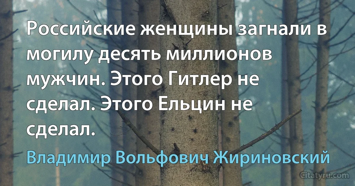 Российские женщины загнали в могилу десять миллионов мужчин. Этого Гитлер не сделал. Этого Ельцин не сделал. (Владимир Вольфович Жириновский)