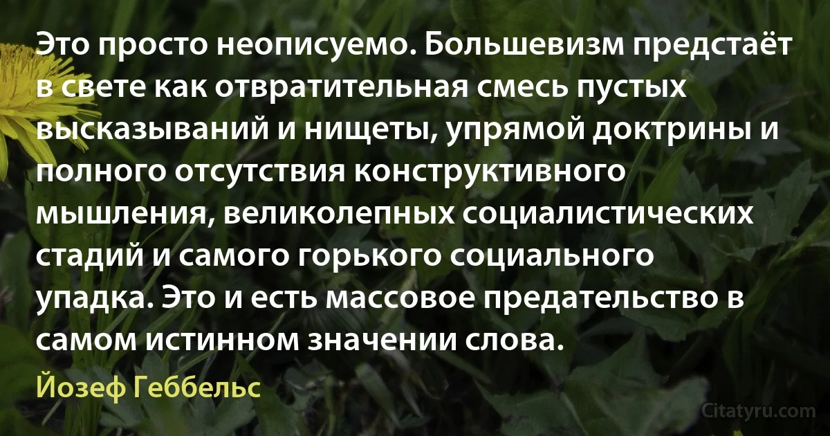 Это просто неописуемо. Большевизм предстаёт в свете как отвратительная смесь пустых высказываний и нищеты, упрямой доктрины и полного отсутствия конструктивного мышления, великолепных социалистических стадий и самого горького социального упадка. Это и есть массовое предательство в самом истинном значении слова. (Йозеф Геббельс)