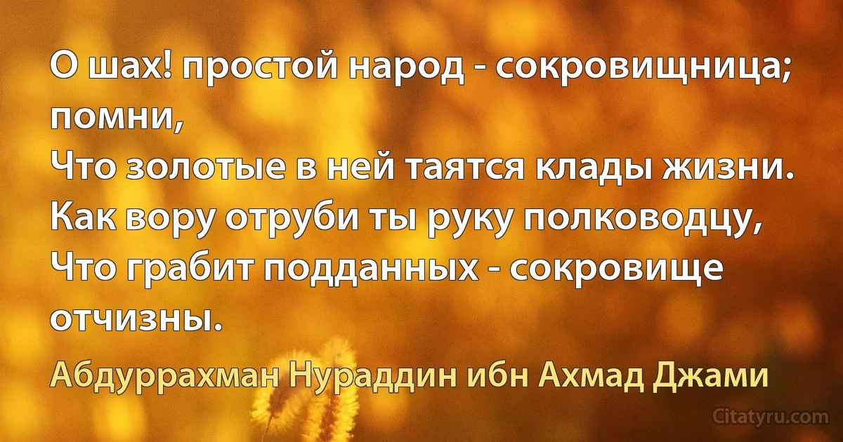 О шах! простой народ - сокровищница; помни,
Что золотые в ней таятся клады жизни.
Как вору отруби ты руку полководцу,
Что грабит подданных - сокровище отчизны. (Абдуррахман Нураддин ибн Ахмад Джами)