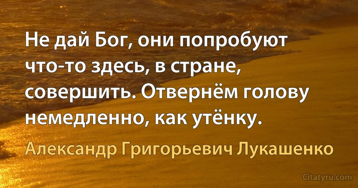 Не дай Бог, они попробуют что-то здесь, в стране, совершить. Отвернём голову немедленно, как утёнку. (Александр Григорьевич Лукашенко)