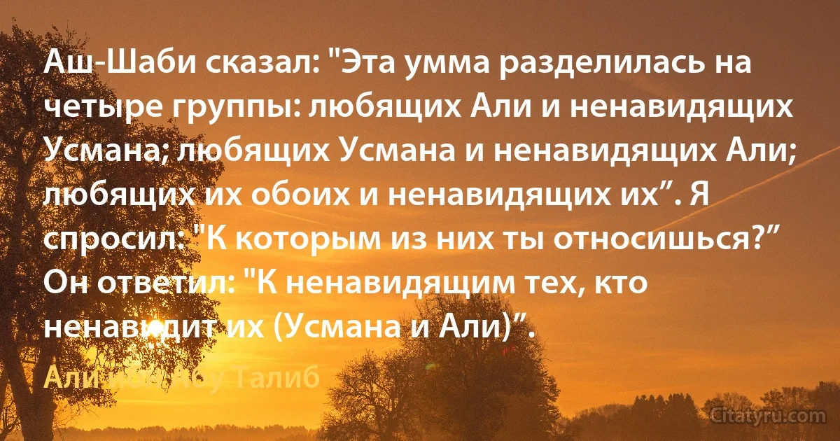 Аш-Шаби сказал: "Эта умма разделилась на четыре группы: любящих Али и ненавидящих Усмана; любящих Усмана и ненавидящих Али; любящих их обоих и ненавидящих их”. Я спросил: "К которым из них ты относишься?” Он ответил: "К ненавидящим тех, кто ненавидит их (Усмана и Али)”. (Али ибн Абу Талиб)