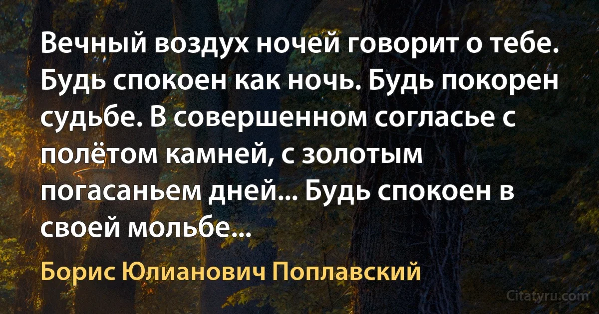 Вечный воздух ночей говорит о тебе. Будь спокоен как ночь. Будь покорен судьбе. В совершенном согласье с полётом камней, с золотым погасаньем дней... Будь спокоен в своей мольбе... (Борис Юлианович Поплавский)