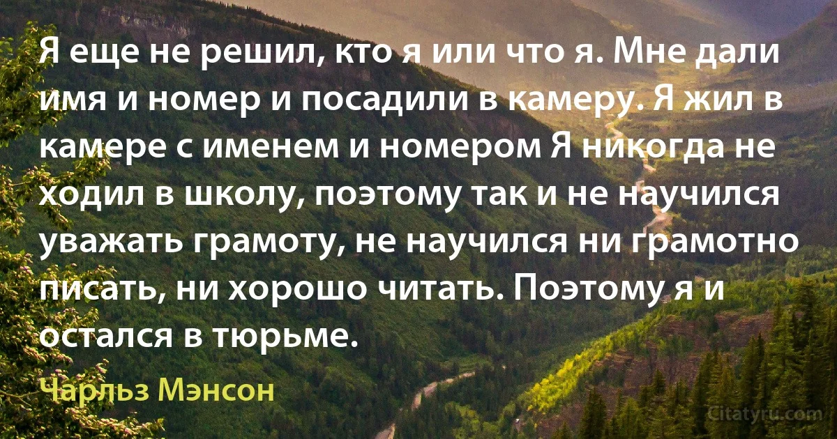 Я еще не решил, кто я или что я. Мне дали имя и номер и посадили в камеру. Я жил в камере с именем и номером Я никогда не ходил в школу, поэтому так и не научился уважать грамоту, не научился ни грамотно писать, ни хорошо читать. Поэтому я и остался в тюрьме. (Чарльз Мэнсон)