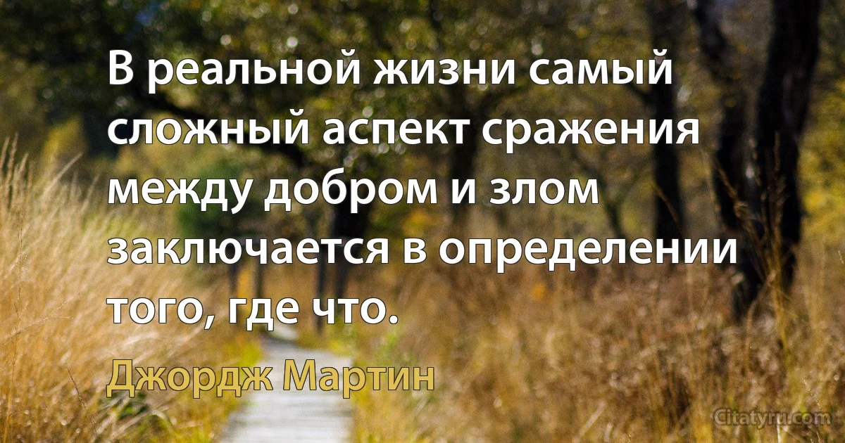 В реальной жизни самый сложный аспект сражения между добром и злом заключается в определении того, где что. (Джордж Мартин)