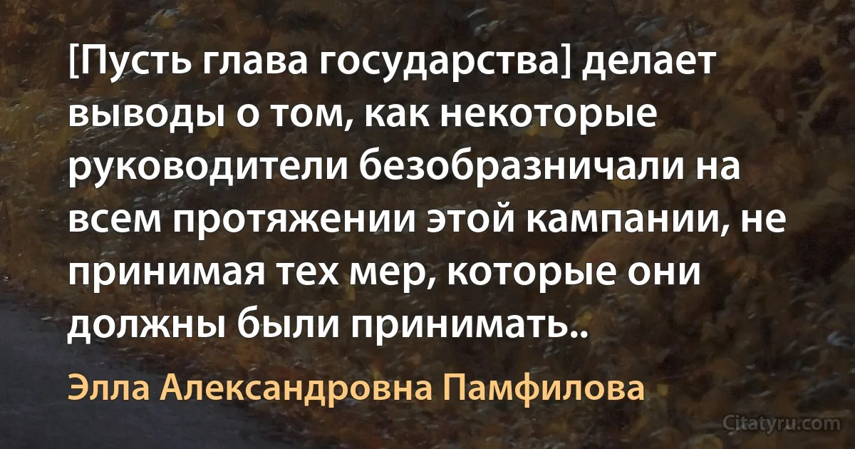 [Пусть глава государства] делает выводы о том, как некоторые руководители безобразничали на всем протяжении этой кампании, не принимая тех мер, которые они должны были принимать.. (Элла Александровна Памфилова)