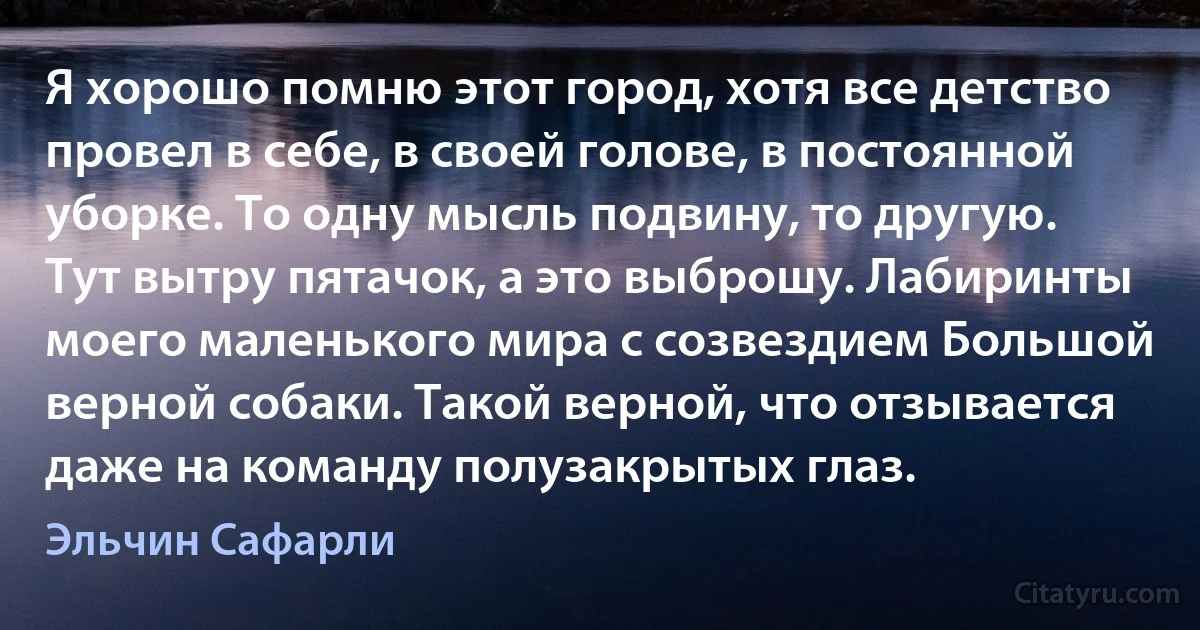 Я хорошо помню этот город, хотя все детство провел в себе, в своей голове, в постоянной уборке. То одну мысль подвину, то другую. Тут вытру пятачок, а это выброшу. Лабиринты моего маленького мира с созвездием Большой верной собаки. Такой верной, что отзывается даже на команду полузакрытых глаз. (Эльчин Сафарли)