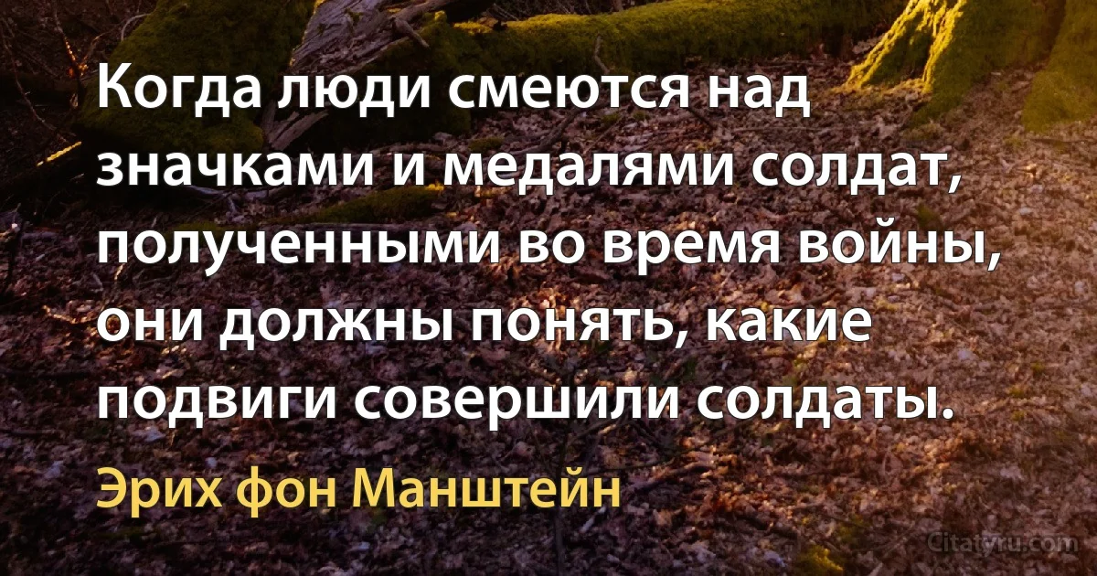 Когда люди смеются над значками и медалями солдат, полученными во время войны, они должны понять, какие подвиги совершили солдаты. (Эрих фон Манштейн)