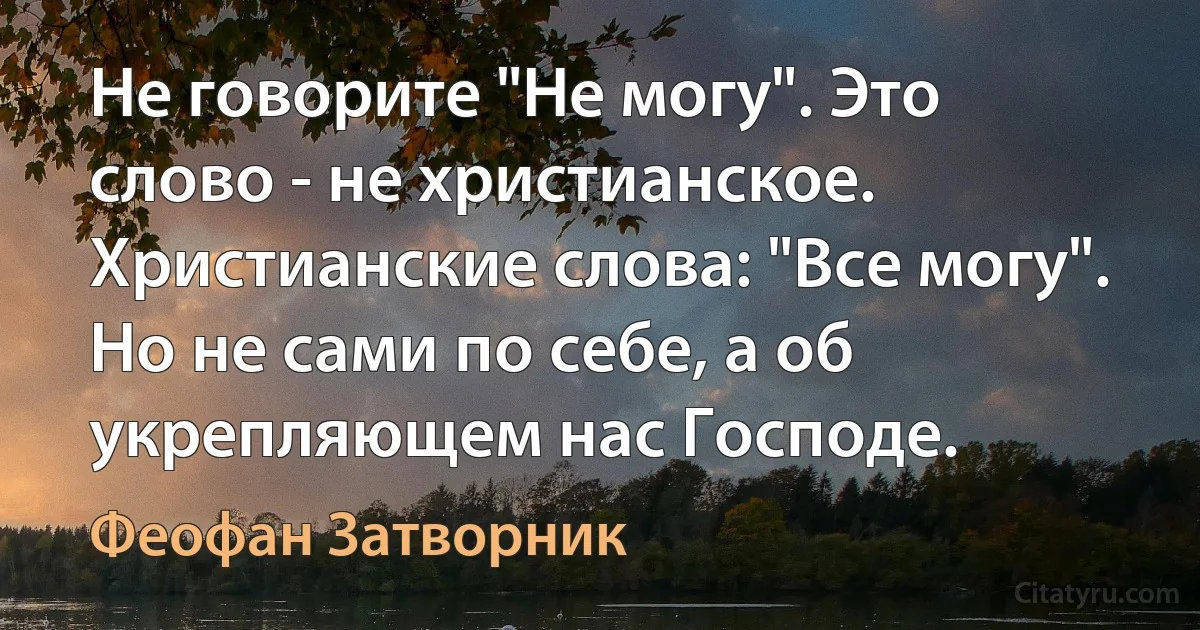 Не говорите "Не могу". Это слово - не христианское. Христианские слова: "Все могу". Но не сами по себе, а об укрепляющем нас Господе. (Феофан Затворник)