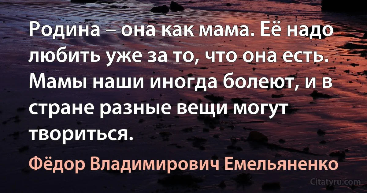 Родина – она как мама. Её надо любить уже за то, что она есть. Мамы наши иногда болеют, и в стране разные вещи могут твориться. (Фёдор Владимирович Емельяненко)