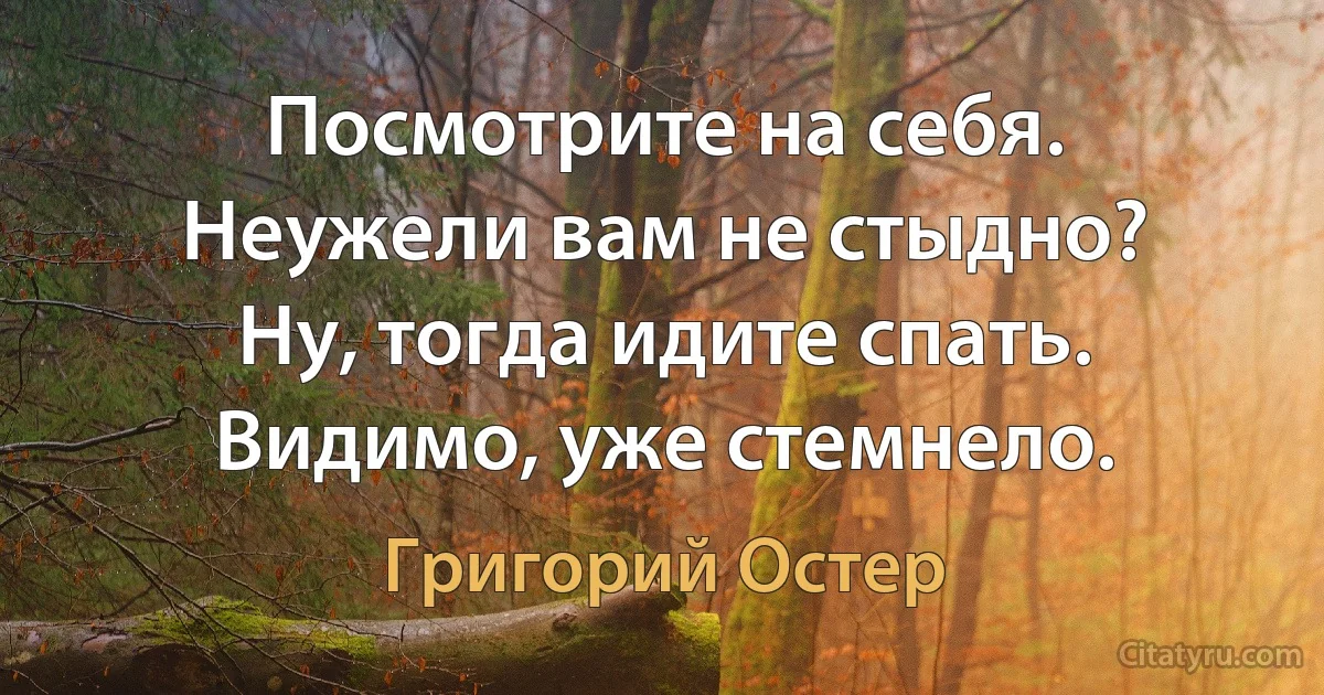 Посмотрите на себя.
Неужели вам не стыдно?
Ну, тогда идите спать.
Видимо, уже стемнело. (Григорий Остер)