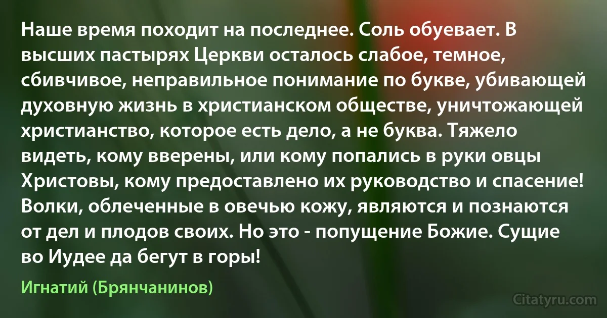 Наше время походит на последнее. Соль обуевает. В высших пастырях Церкви осталось слабое, темное, сбивчивое, неправильное понимание по букве, убивающей духовную жизнь в христианском обществе, уничтожающей христианство, которое есть дело, а не буква. Тяжело видеть, кому вверены, или кому попались в руки овцы Христовы, кому предоставлено их руководство и спасение! Волки, облеченные в овечью кожу, являются и познаются от дел и плодов своих. Но это - попущение Божие. Сущие во Иудее да бегут в горы! (Игнатий (Брянчанинов))