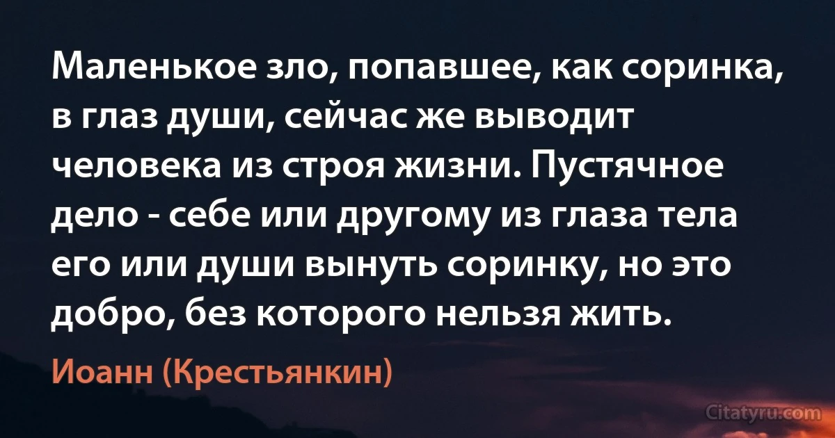 Маленькое зло, попавшее, как соринка, в глаз души, сейчас же выводит человека из строя жизни. Пустячное дело - себе или другому из глаза тела его или души вынуть соринку, но это добро, без которого нельзя жить. (Иоанн (Крестьянкин))