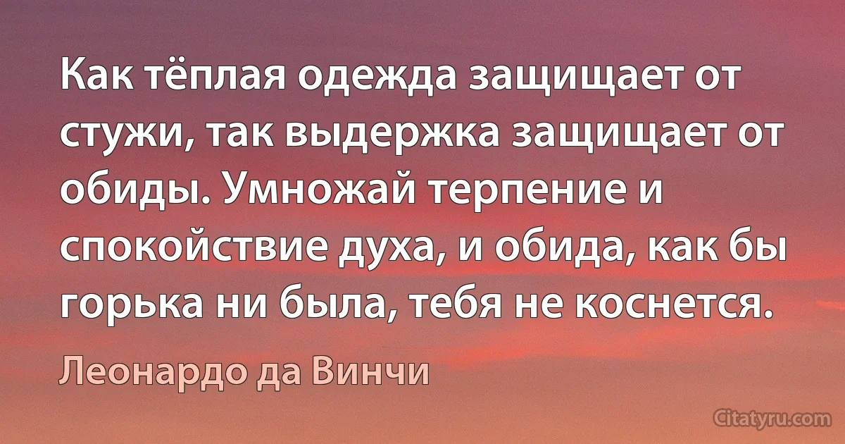 Как тёплая одежда защищает от стужи, так выдержка защищает от обиды. Умножай терпение и спокойствие духа, и обида, как бы горька ни была, тебя не коснется. (Леонардо да Винчи)