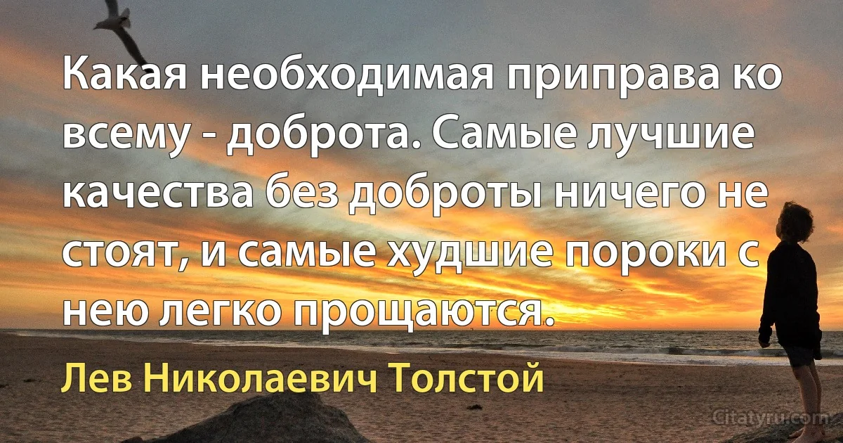 Какая необходимая приправа ко всему - доброта. Самые лучшие качества без доброты ничего не стоят, и самые худшие пороки с нею легко прощаются. (Лев Николаевич Толстой)