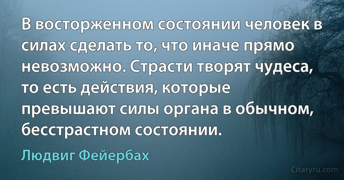 В восторженном состоянии человек в силах сделать то, что иначе прямо невозможно. Страсти творят чудеса, то есть действия, которые превышают силы органа в обычном, бесстрастном состоянии. (Людвиг Фейербах)