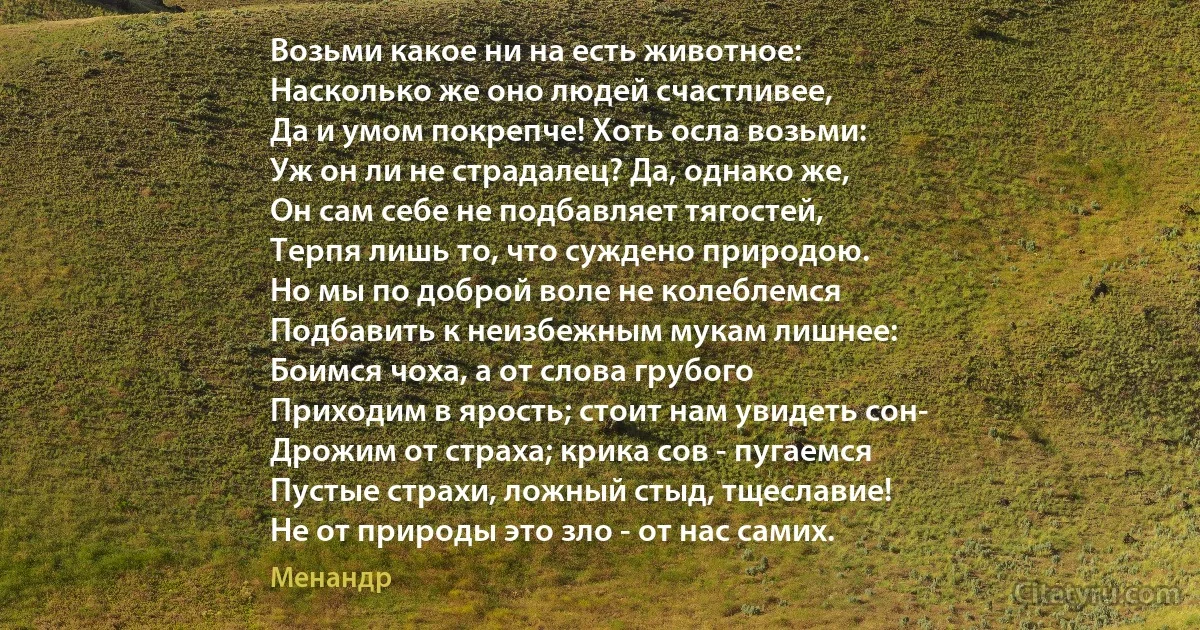 Возьми какое ни на есть животное:
Насколько же оно людей счастливее,
Да и умом покрепче! Хоть осла возьми:
Уж он ли не страдалец? Да, однако же,
Он сам себе не подбавляет тягостей,
Терпя лишь то, что суждено природою.
Но мы по доброй воле не колеблемся
Подбавить к неизбежным мукам лишнее:
Боимся чоха, а от слова грубого
Приходим в ярость; стоит нам увидеть сон-
Дрожим от страха; крика сов - пугаемся 
Пустые страхи, ложный стыд, тщеславие!
Не от природы это зло - от нас самих. (Менандр)