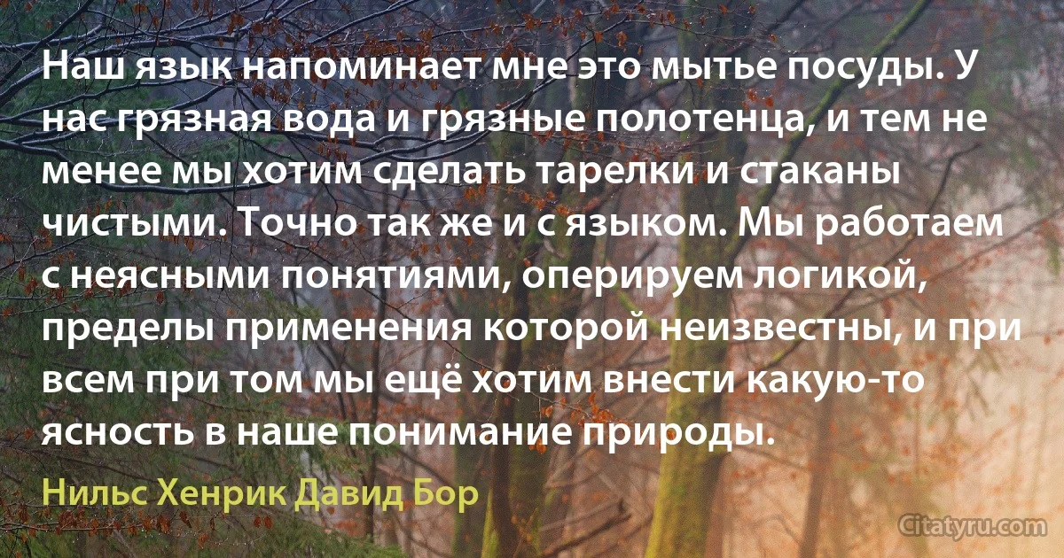 Наш язык напоминает мне это мытье посуды. У нас грязная вода и грязные полотенца, и тем не менее мы хотим сделать тарелки и стаканы чистыми. Точно так же и с языком. Мы работаем с неясными понятиями, оперируем логикой, пределы применения которой неизвестны, и при всем при том мы ещё хотим внести какую-то ясность в наше понимание природы. (Нильс Хенрик Давид Бор)