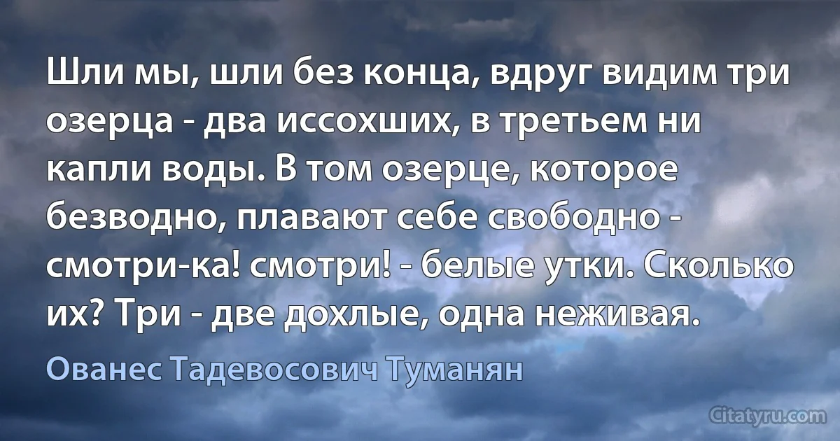 Шли мы, шли без конца, вдруг видим три озерца - два иссохших, в третьем ни капли воды. В том озерце, которое безводно, плавают себе свободно - смотри-ка! смотри! - белые утки. Сколько их? Три - две дохлые, одна неживая. (Ованес Тадевосович Туманян)