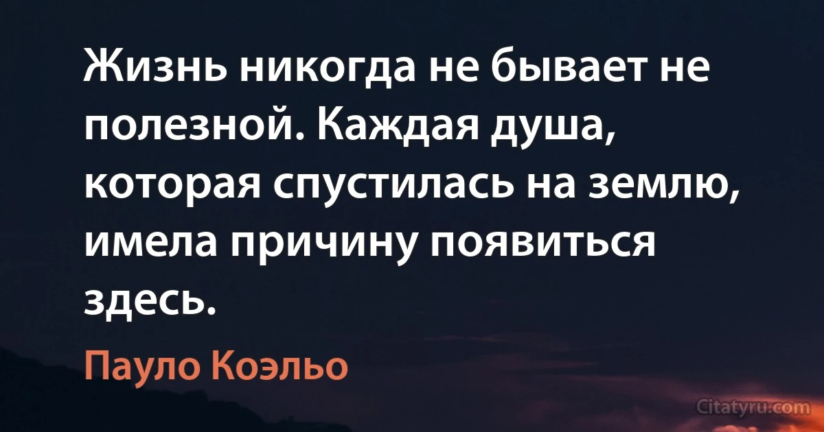 Жизнь никогда не бывает не полезной. Каждая душа, которая спустилась на землю, имела причину появиться здесь. (Пауло Коэльо)