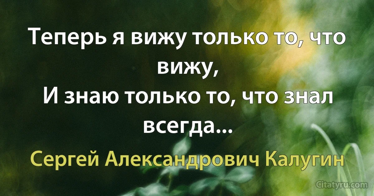 Теперь я вижу только то, что вижу,
И знаю только то, что знал всегда... (Сергей Александрович Калугин)