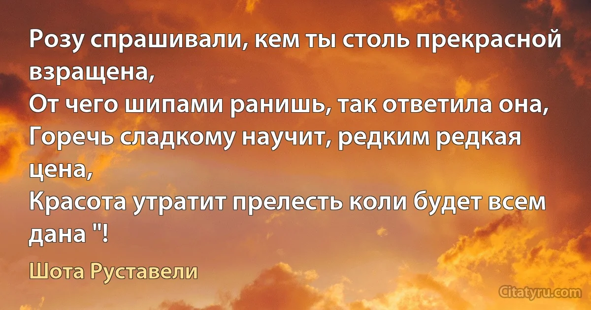 Розу спрашивали, кем ты столь прекрасной взращена, 
От чего шипами ранишь, так ответила она, 
Горечь сладкому научит, редким редкая цена, 
Красота утратит прелесть коли будет всем дана "! (Шота Руставели)