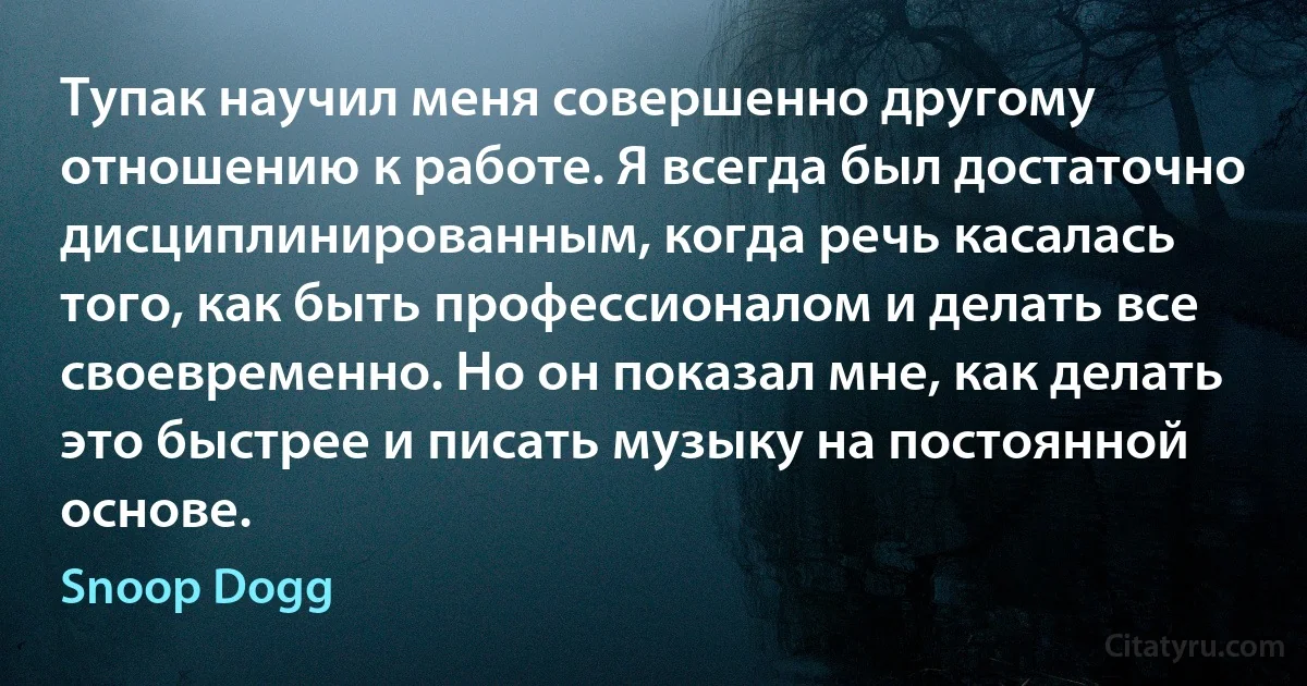 Тупак научил меня совершенно другому отношению к работе. Я всегда был достаточно дисциплинированным, когда речь касалась того, как быть профессионалом и делать все своевременно. Но он показал мне, как делать это быстрее и писать музыку на постоянной основе. (Snoop Dogg)