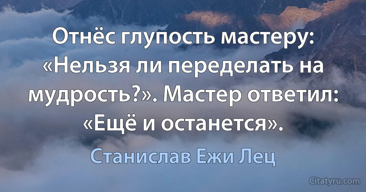 Отнёс глупость мастеру: «Нельзя ли переделать на мудрость?». Мастер ответил: «Ещё и останется». (Станислав Ежи Лец)