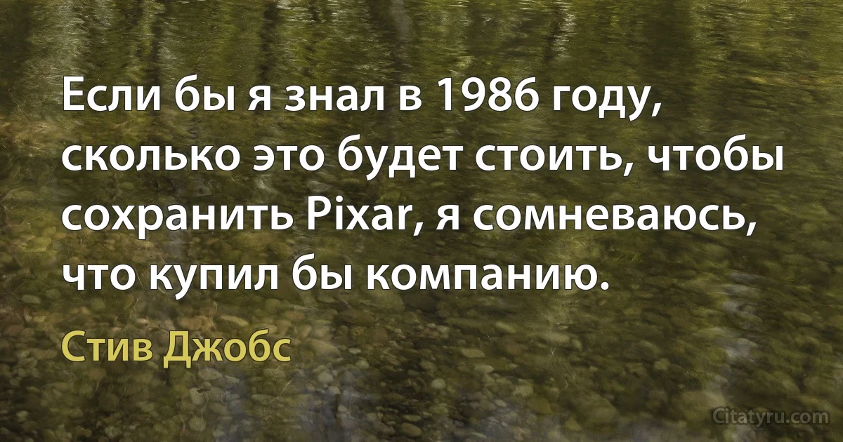 Если бы я знал в 1986 году, сколько это будет стоить, чтобы сохранить Pixar, я сомневаюсь, что купил бы компанию. (Стив Джобс)