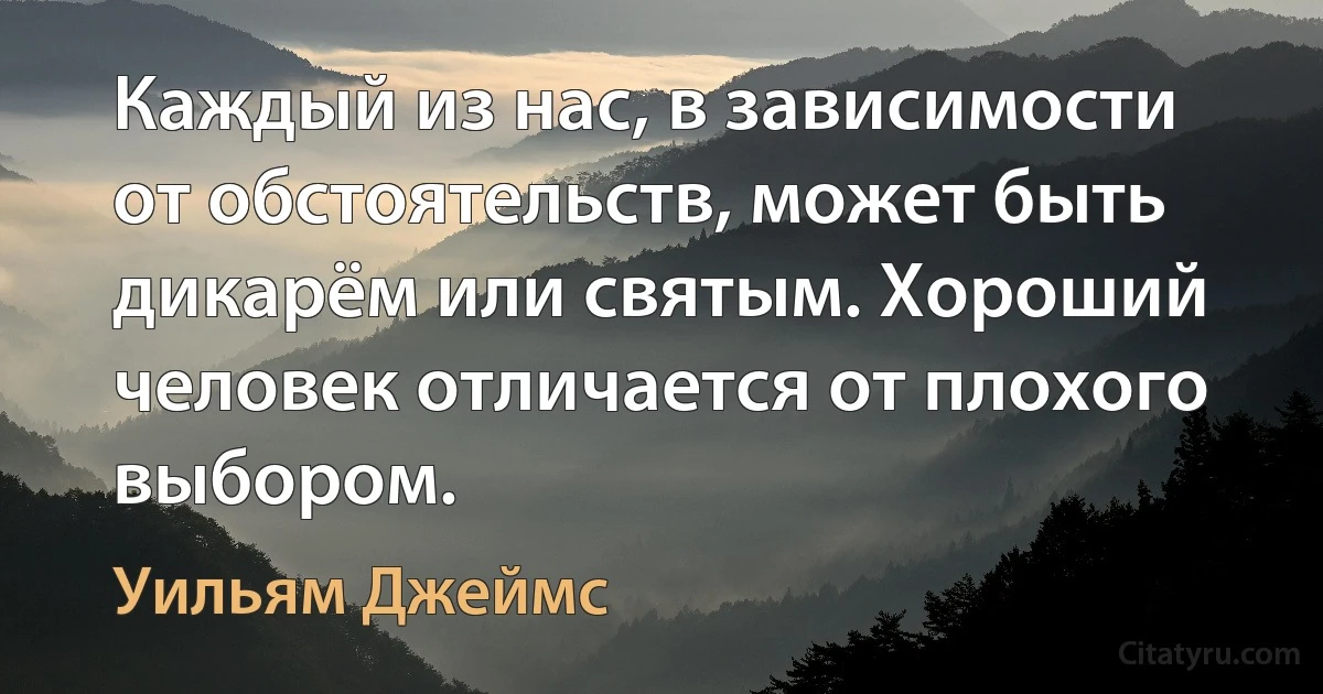 Каждый из нас, в зависимости от обстоятельств, может быть дикарём или святым. Хороший человек отличается от плохого выбором. (Уильям Джеймс)