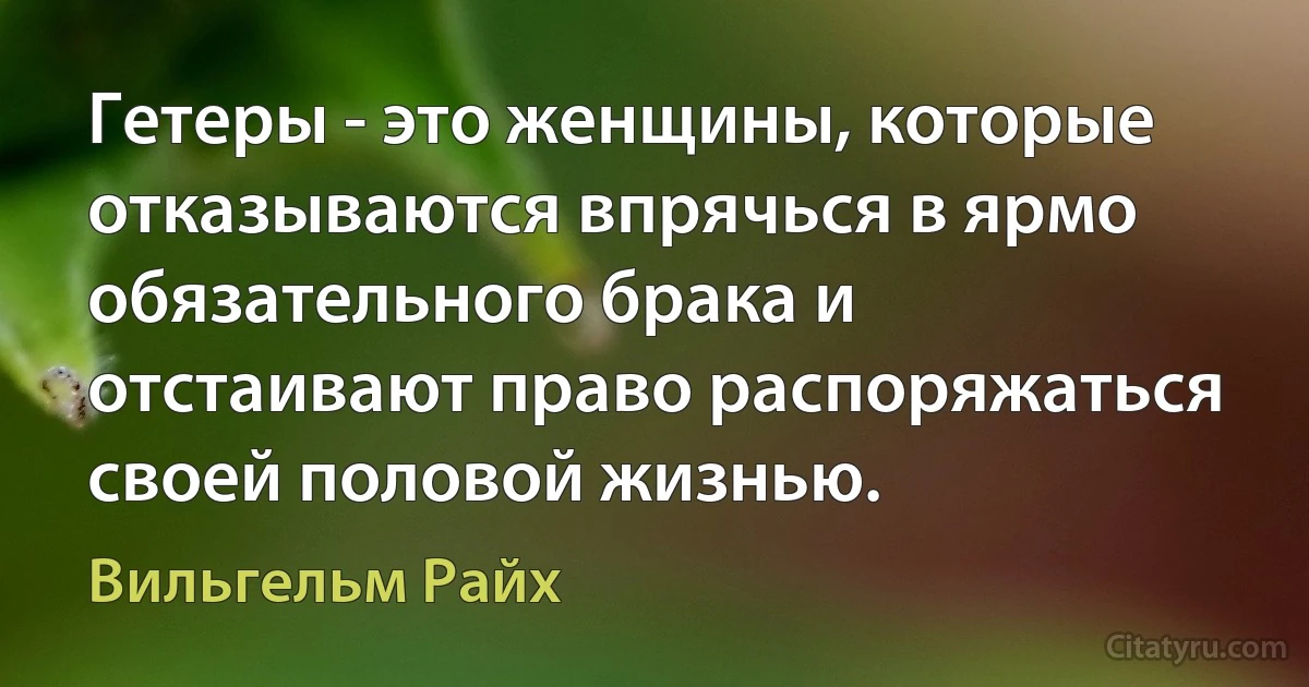 Гетеры - это женщины, которые отказываются впрячься в ярмо обязательного брака и отстаивают право распоряжаться своей половой жизнью. (Вильгельм Райх)