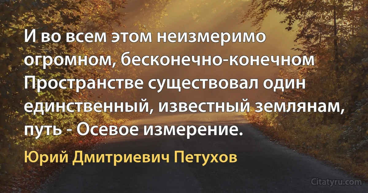 И во всем этом неизмеримо огромном, бесконечно-конечном Пространстве существовал один единственный, известный землянам, путь - Осевое измерение. (Юрий Дмитриевич Петухов)