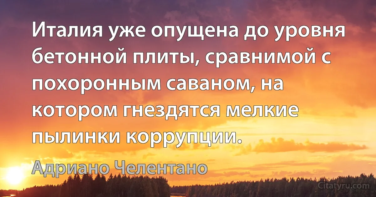 Италия уже опущена до уровня бетонной плиты, сравнимой с похоронным саваном, на котором гнездятся мелкие пылинки коррупции. (Адриано Челентано)