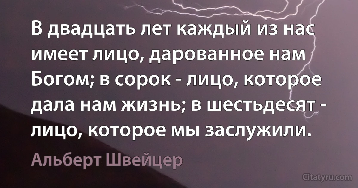 В двадцать лет каждый из нас имеет лицо, дарованное нам Богом; в сорок - лицо, которое дала нам жизнь; в шестьдесят - лицо, которое мы заслужили. (Альберт Швейцер)