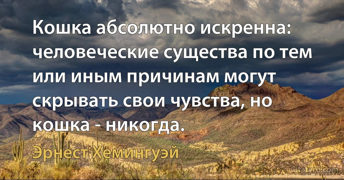 Кошка абсолютно искренна: человеческие существа по тем или иным причинам могут скрывать свои чувства, но кошка - никогда. (Эрнест Хемингуэй)