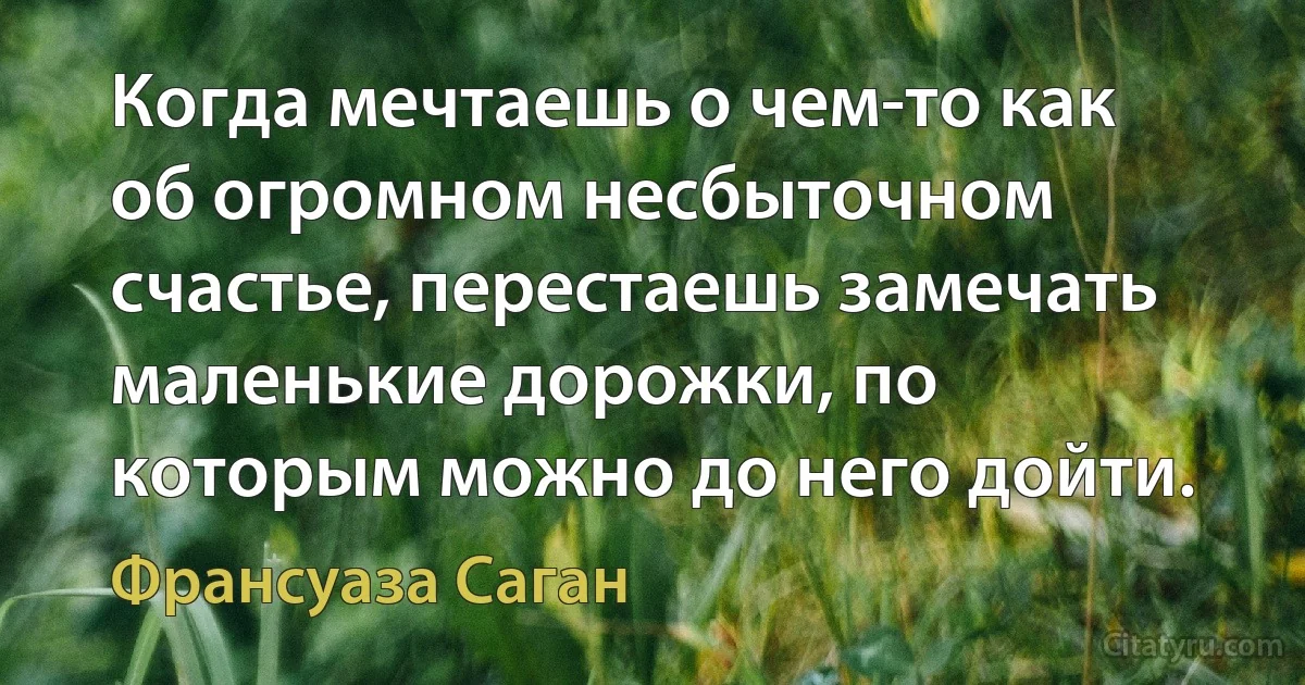 Когда мечтаешь о чем-то как об огромном несбыточном счастье, перестаешь замечать маленькие дорожки, по которым можно до него дойти. (Франсуаза Саган)