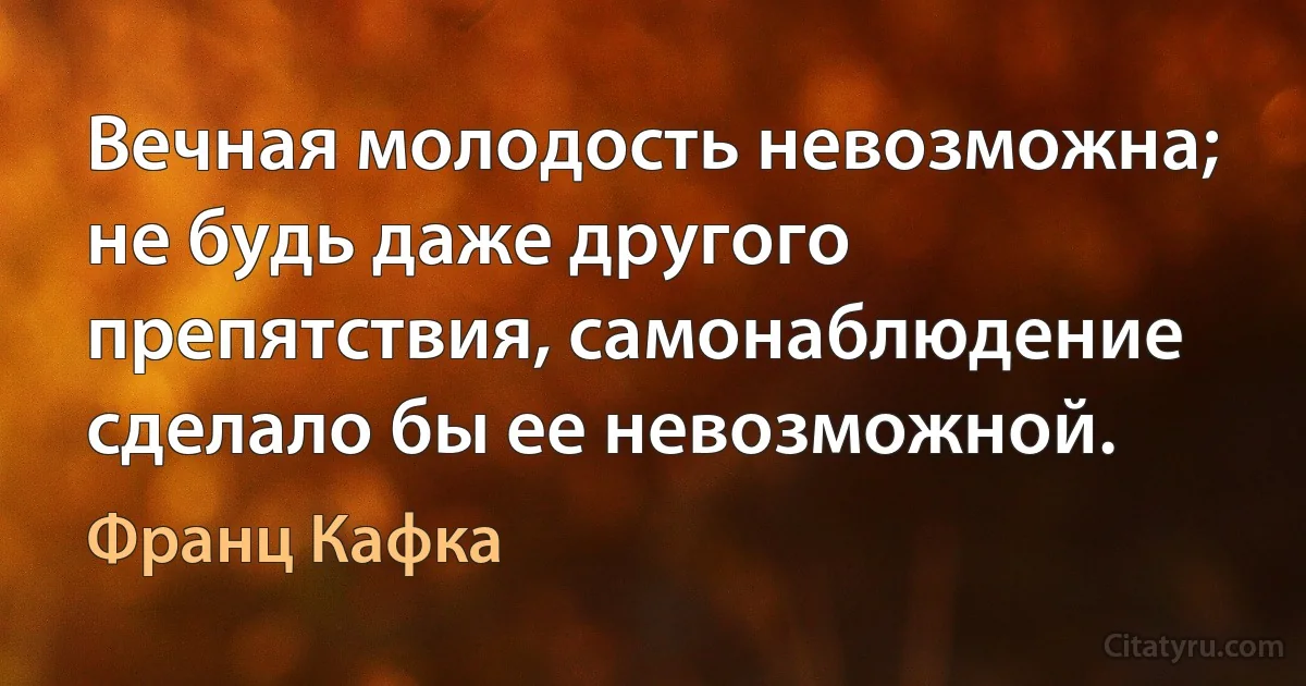 Вечная молодость невозможна; не будь даже другого препятствия, самонаблюдение сделало бы ее невозможной. (Франц Кафка)