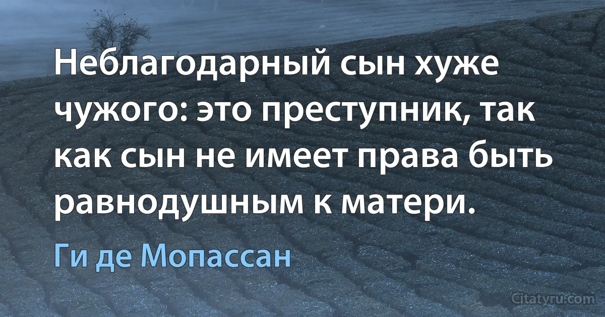 Неблагодарный сын хуже чужого: это преступник, так как сын не имеет права быть равнодушным к матери. (Ги де Мопассан)