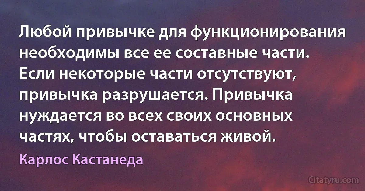 Любой привычке для функционирования необходимы все ее составные части. Если некоторые части отсутствуют, привычка разрушается. Привычка нуждается во всех своих основных частях, чтобы оставаться живой. (Карлос Кастанеда)