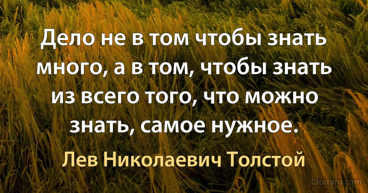 Дело не в том чтобы знать много, а в том, чтобы знать из всего того, что можно знать, самое нужное. (Лев Николаевич Толстой)