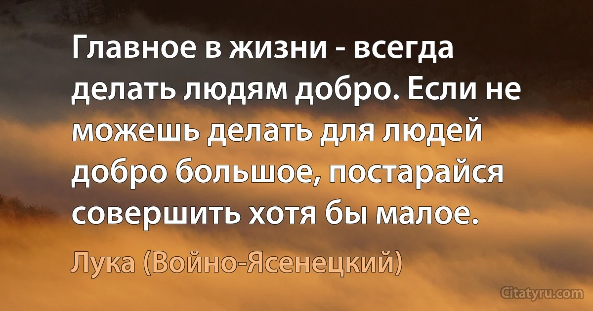 Главное в жизни - всегда делать людям добро. Если не можешь делать для людей добро большое, постарайся совершить хотя бы малое. (Лука (Войно-Ясенецкий))