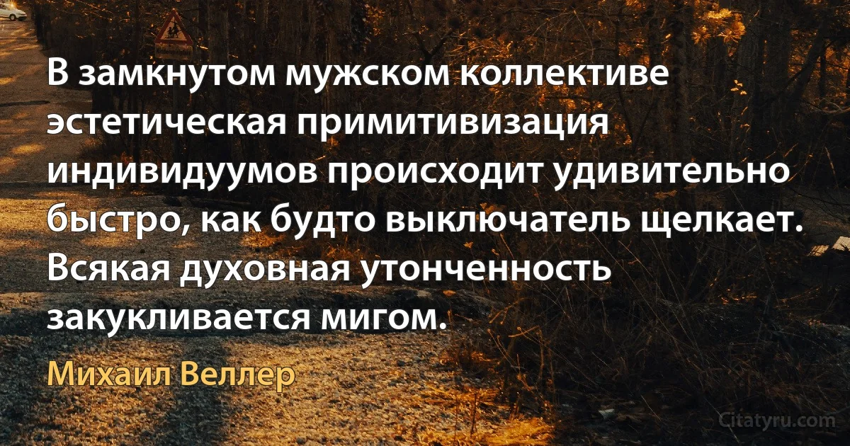 В замкнутом мужском коллективе эстетическая примитивизация индивидуумов происходит удивительно быстро, как будто выключатель щелкает. Всякая духовная утонченность закукливается мигом. (Михаил Веллер)