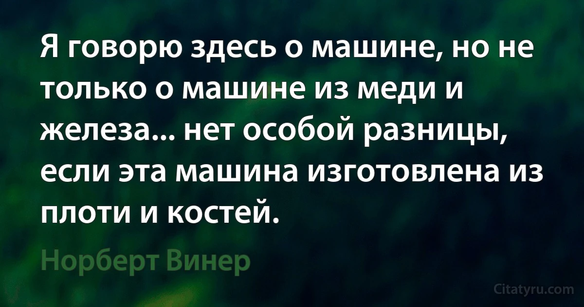 Я говорю здесь о машине, но не только о машине из меди и железа... нет особой разницы, если эта машина изготовлена из плоти и костей. (Норберт Винер)