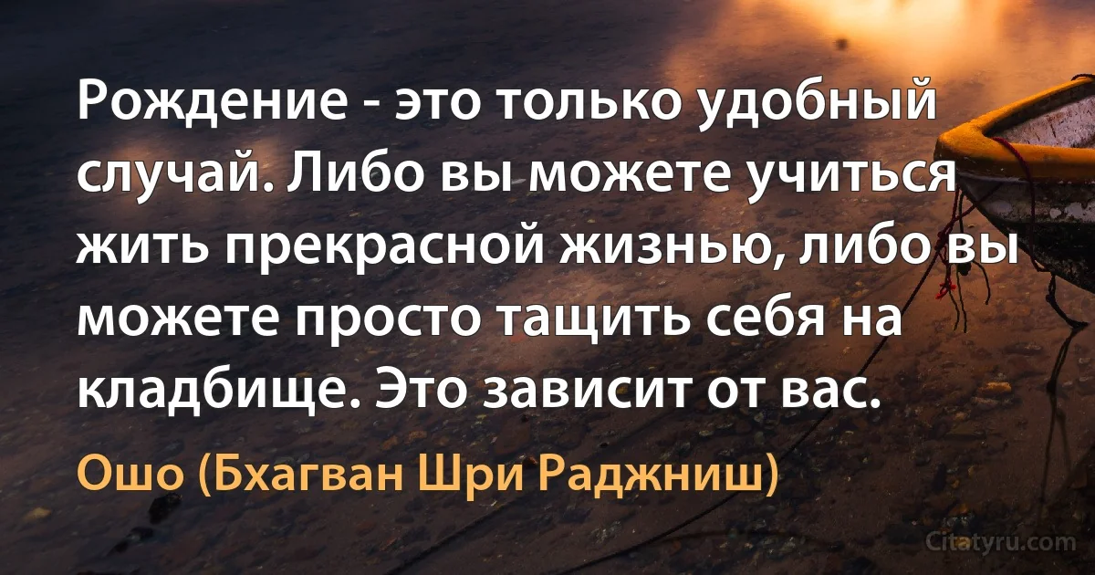 Рождение - это только удобный случай. Либо вы можете учиться жить прекрасной жизнью, либо вы можете просто тащить себя на кладбище. Это зависит от вас. (Ошо (Бхагван Шри Раджниш))