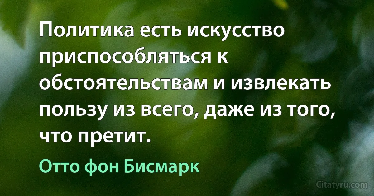 Политика есть искусство приспособляться к обстоятельствам и извлекать пользу из всего, даже из того, что претит. (Отто фон Бисмарк)