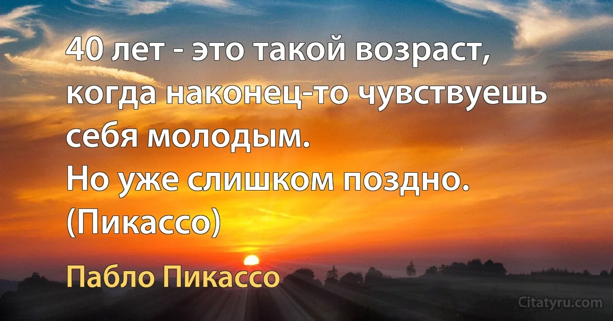 40 лет - это такой возраст, когда наконец-то чувствуешь себя молодым.
Но уже слишком поздно.
(Пикассо) (Пабло Пикассо)