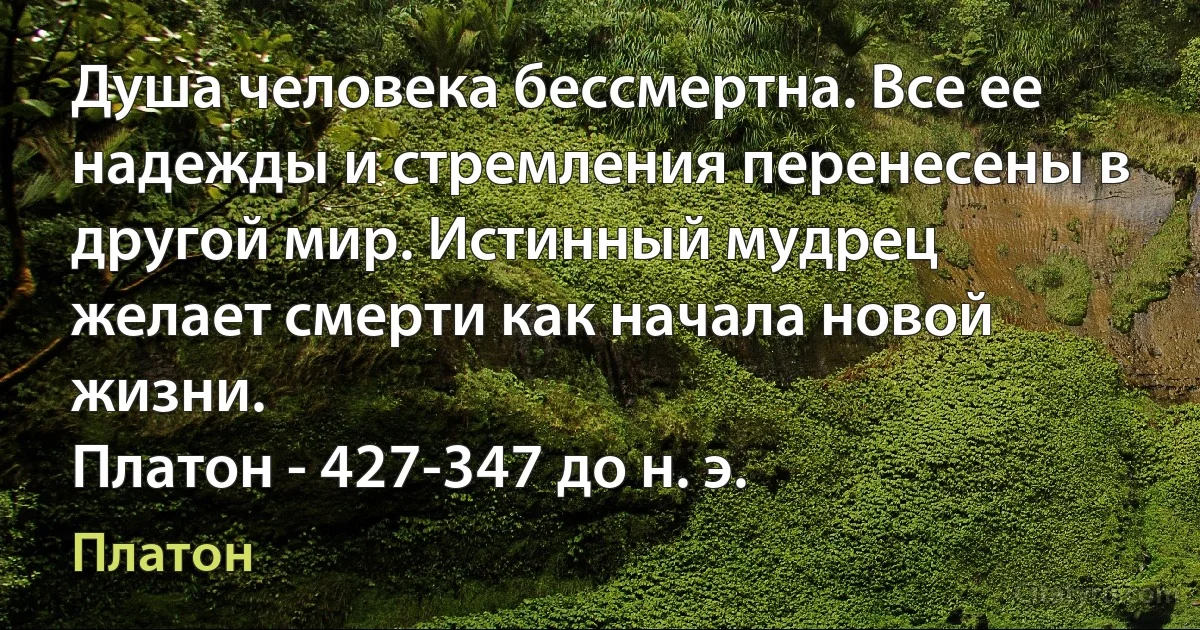 Душа человека бессмертна. Все ее надежды и стремления перенесены в другой мир. Истинный мудрец желает смерти как начала новой жизни.
Платон - 427-347 до н. э. (Платон)