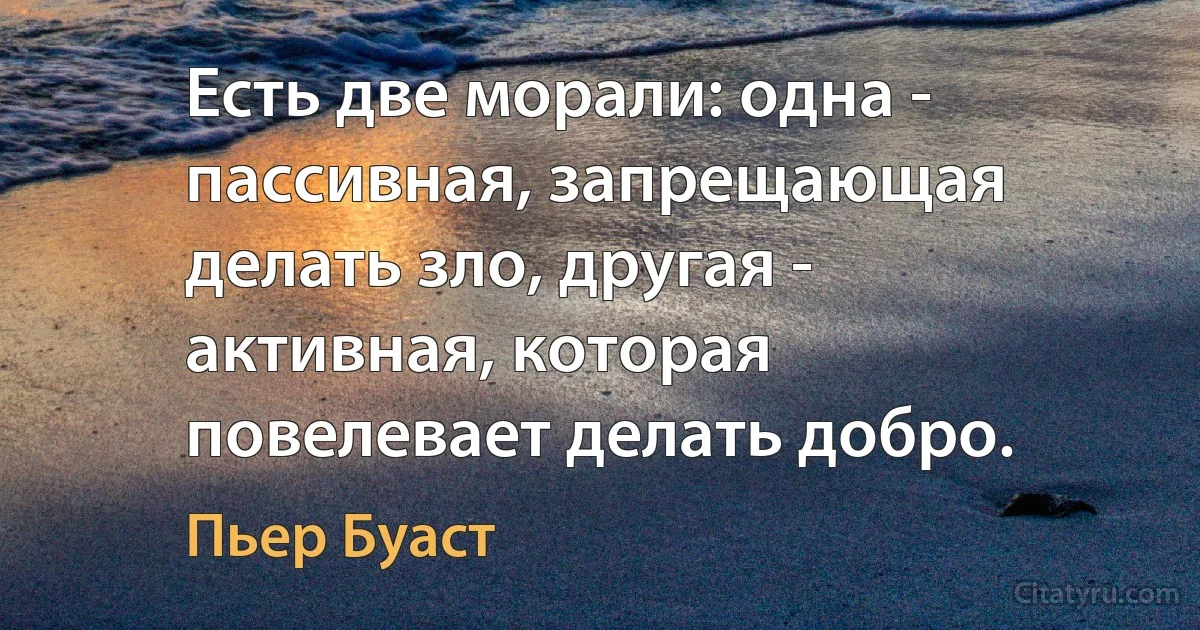 Есть две морали: одна - пассивная, запрещающая делать зло, другая - активная, которая повелевает делать добро. (Пьер Буаст)