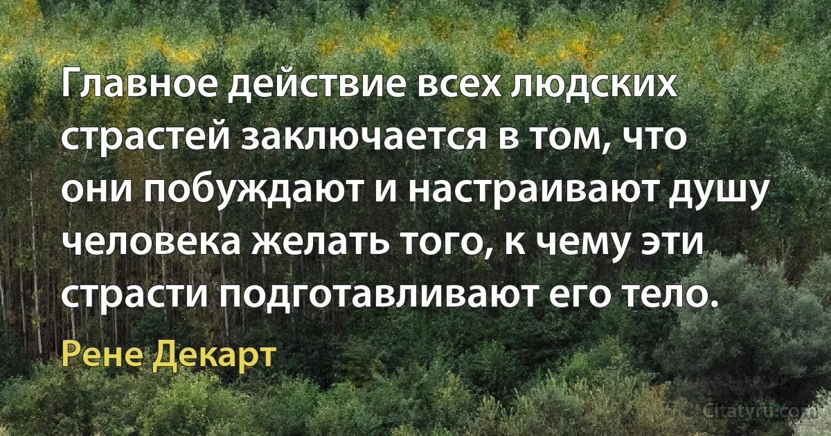 Главное действие всех людских страстей заключается в том, что они побуждают и настраивают душу человека желать того, к чему эти страсти подготавливают его тело. (Рене Декарт)