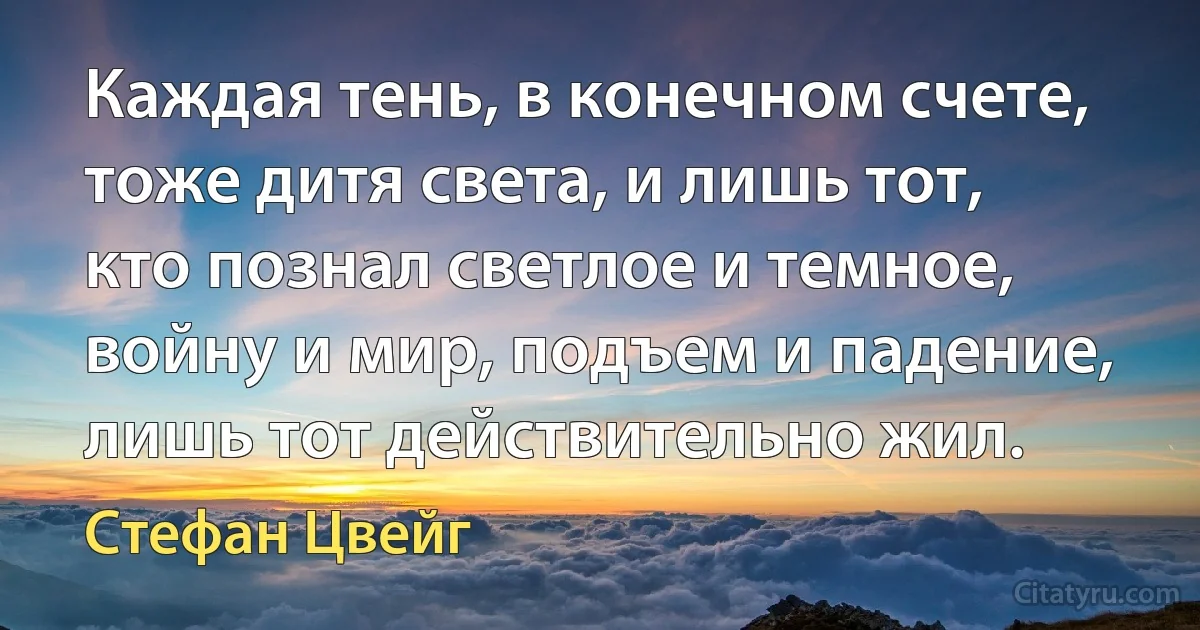 Каждая тень, в конечном счете, тоже дитя света, и лишь тот, кто познал светлое и темное, войну и мир, подъем и падение, лишь тот действительно жил. (Стефан Цвейг)