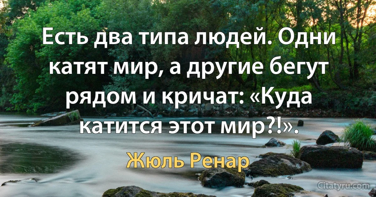 Есть два типа людей. Одни катят мир, а другие бегут рядом и кричат: «Куда катится этот мир?!». (Жюль Ренар)